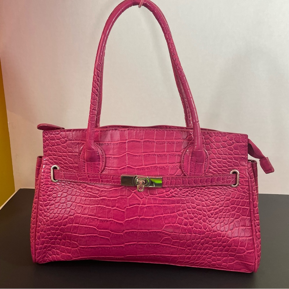 Pink purse/ mock alligator material, 13 inches long, 8 inches high.
